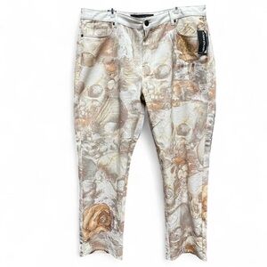 Heritage by America Men's Straight Jeans in Cream and Brown Skulls Floral Cross